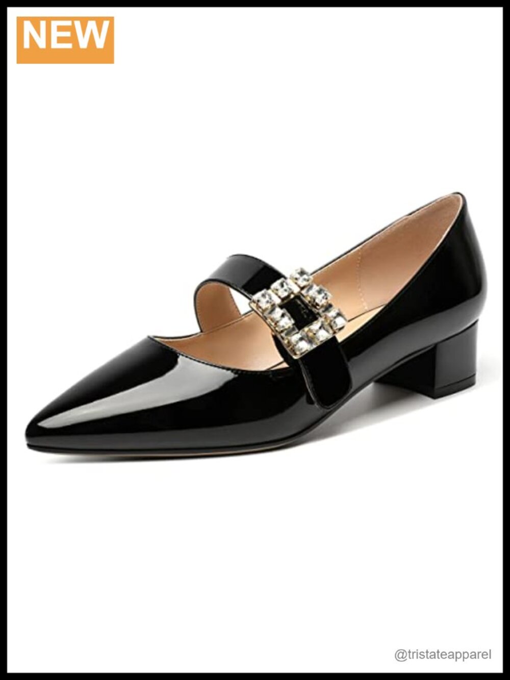 Pointed Toe Rhinestone Ankle Strap Low Heel Pumps Dress Shoes